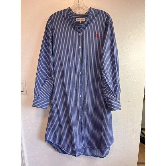 Maison Labiche Dress Size‎ S Blue Button Down Striped W/embroidered Keep Smiling - Picture 7 of 9
